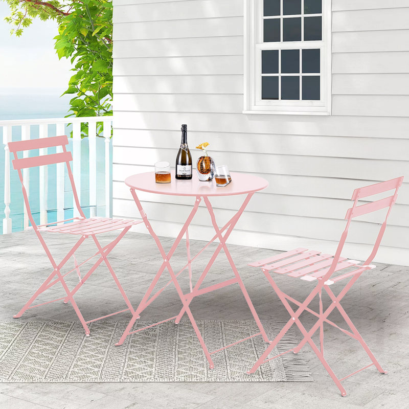 Anshu Iron Table And Folding Chair Set, 2 - Person Round Outdoor Dining Set, Pink