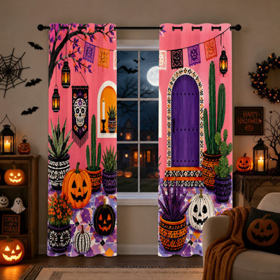 Ensemble de 2 rideaux à motifs d'Halloween, avec crâne, citrouille et cactus, pour la décoration de votre chambre, salon ou autre pièce.