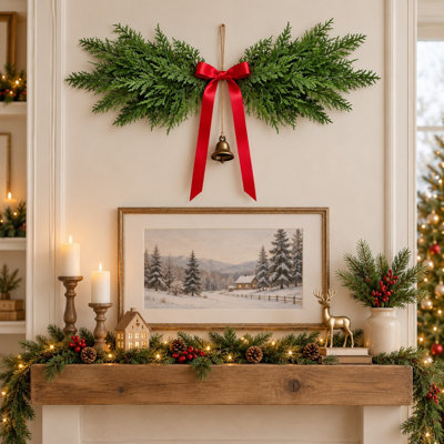 Ensemble de 6 guirlandes de Noël en pin de 61 cm (24 po) avec nœuds bordeaux et clochettes dorées