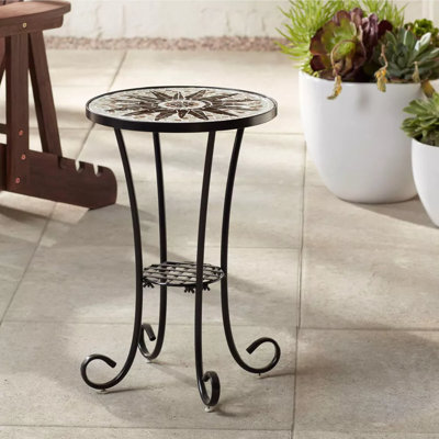 Modern Black Round Outdoor Decorative Side Table 14 Inch Wide Brown Sunburst Mosaic Tabletop For Front Porch Patio House