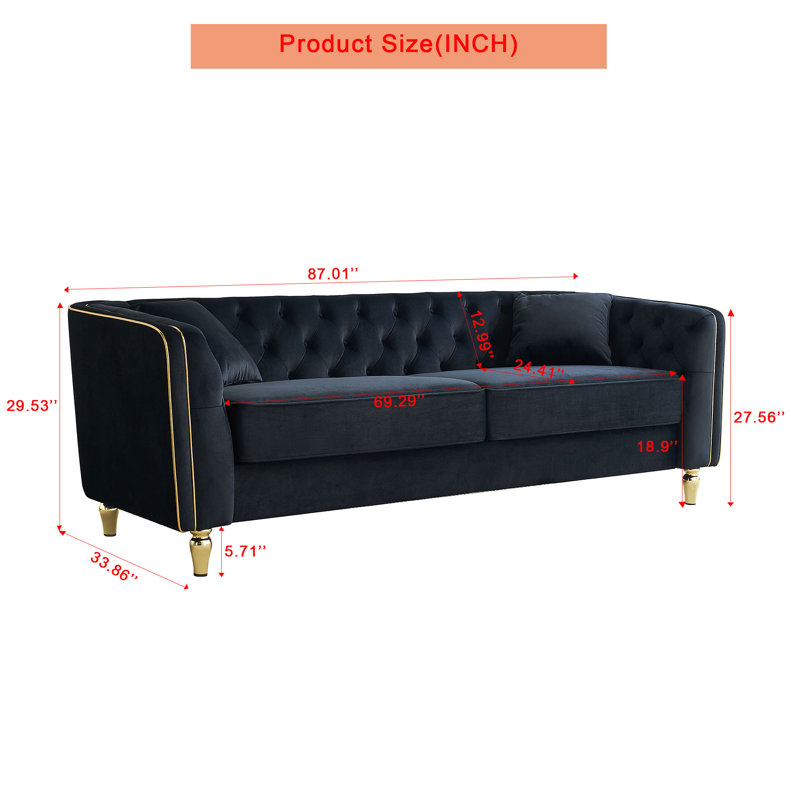 87.01"W Modern Tufted Velvet Sofa, Black