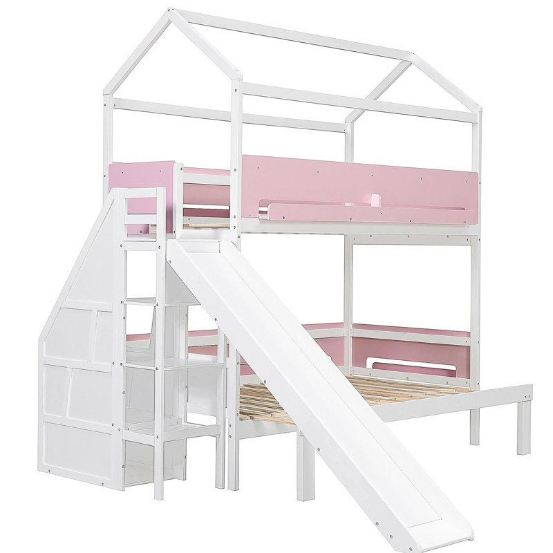 Lit superposé en bois en forme de maison avec glissière et escalier de rangement, cadre de lit simple / simple pour enfant, blanc + rose