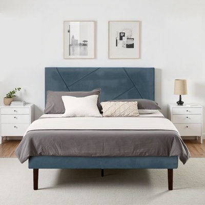 King Size Velvet Upholstered Bed Frame with Solid Wood Slats, Sturdy Platform Bed with Headboard for Bedroom