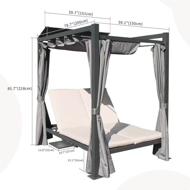 Aluminum Outdoor Patio Daybed with Retractable Canopy, Grey Curtains, and Beige Cushions for Pool, Garden, and Backyard Relaxation