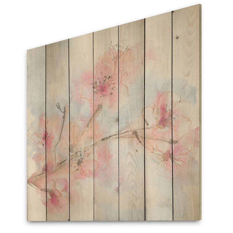 «Pink Blossoms Branch - Shabby Elegance», reproduction d'art murale en bois, H 16 po x l 16 po x P 1 po