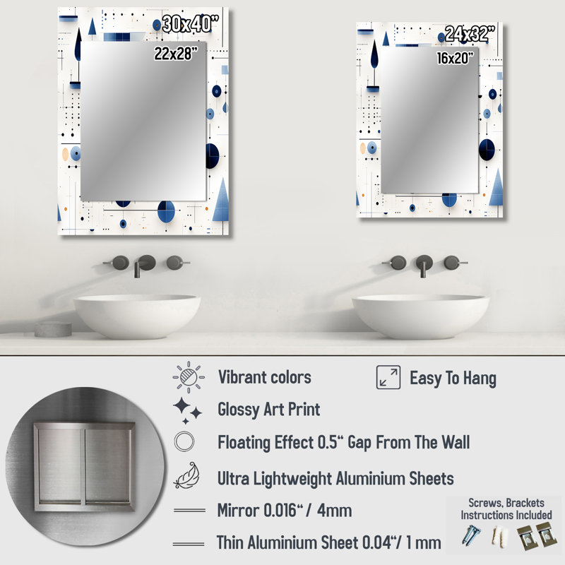 Valmonte Blue And White Matrix Grid - Geometric  Mirror, Modern Decorative Wall Mirror, Printed Metal Art, 32" x 24"