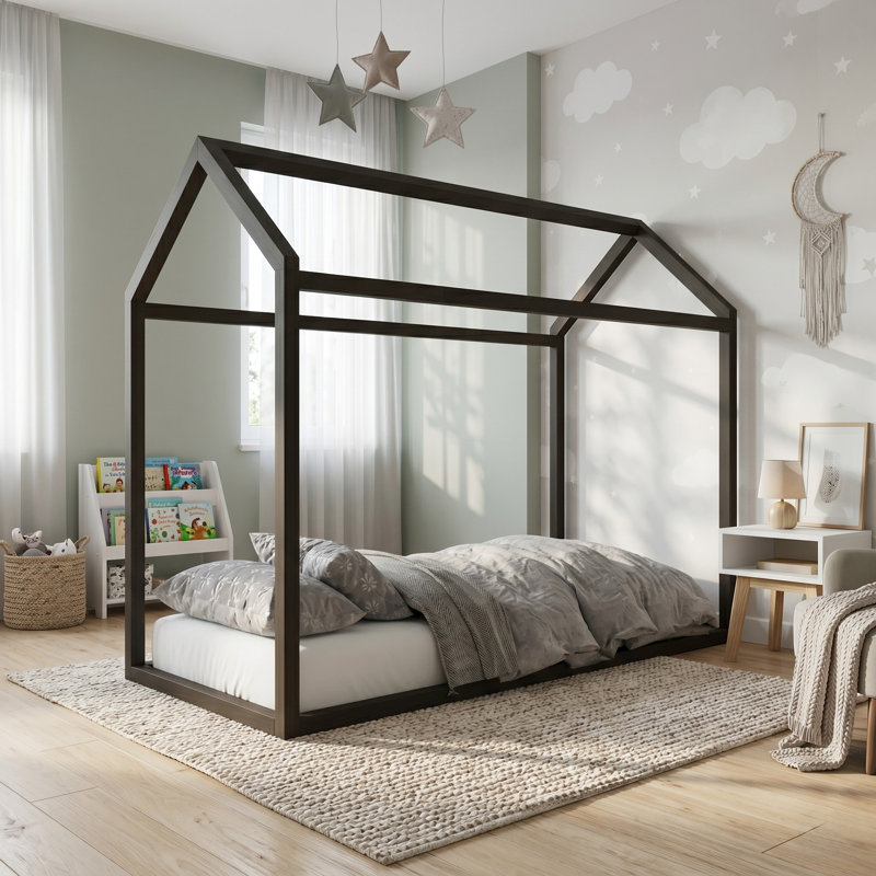 Structure de lit à baldaquin en bois massif pour enfants, Lit simple, Taupe
