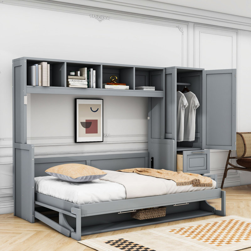 Lit escamotable en bois avec tablettes et tiroirs Nodine, gris, Full
