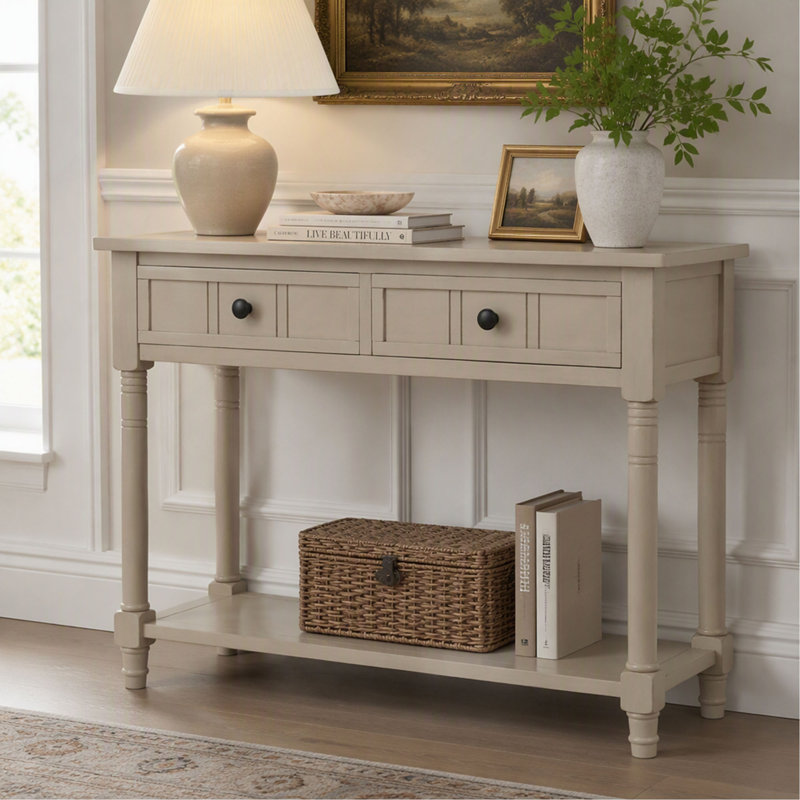 Console traditionnelle de la série Daisy avec 2 tiroirs et une tablette inférieure, table d'appoint classique pour salon