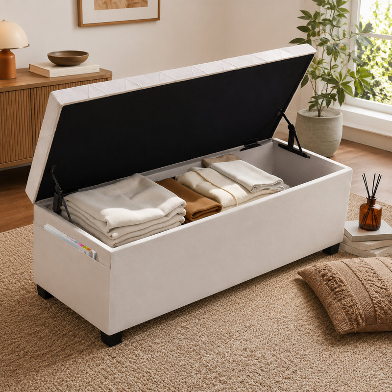Banc de rangement en lin beige avec couvercle rabattable - Structure en métal, revêtement capitonné et poches latérales - Repose-pieds multifonctionnel pour la chambre à coucher ou le vestibule