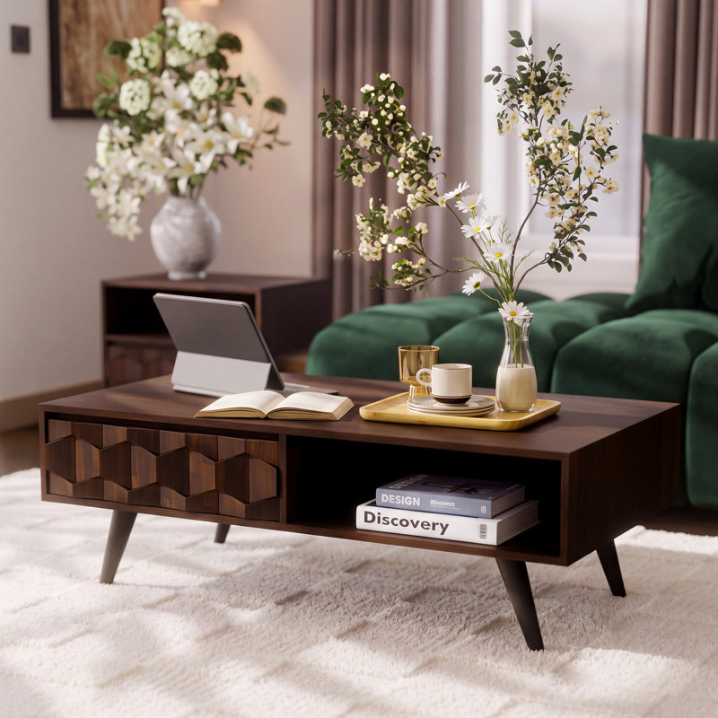 Table basse à 4 pieds en bois massif avec rangement Georgina, Noyer