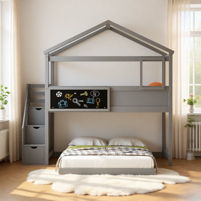 Twin over Full House Bunk Bed with Storage Staircase and Blackboard, Solid Wood Frame by Ophelia & Co.