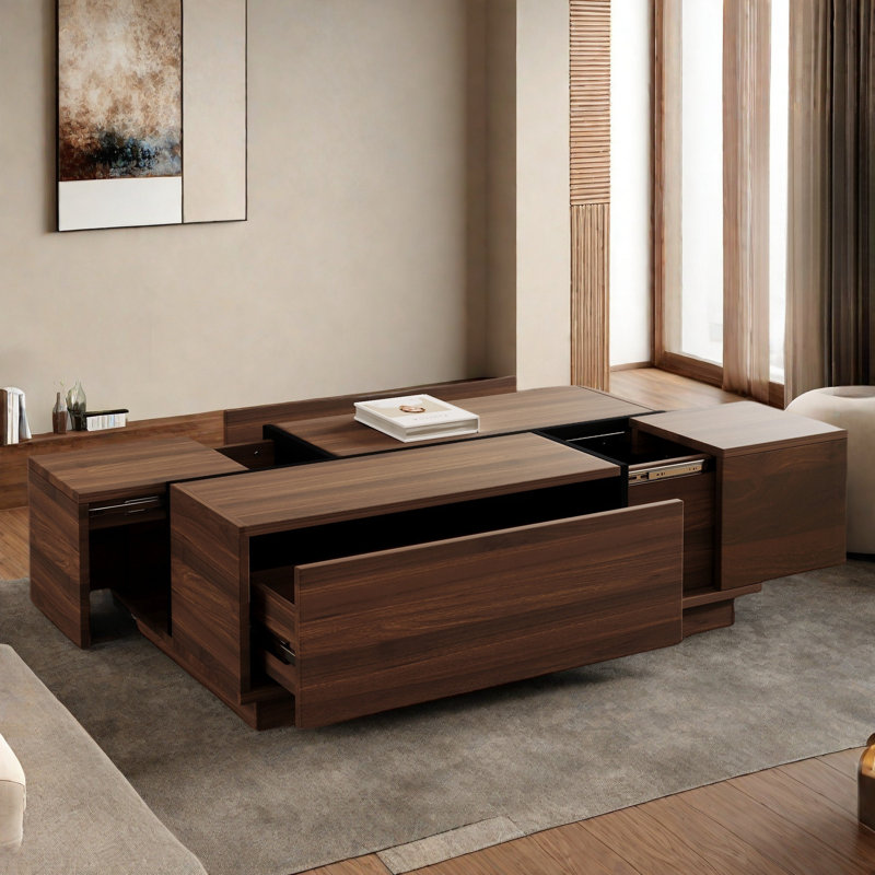 Rectangular Sliding Top Coffee Table With 2 Drawers And 2 Hidden Storage Compartments