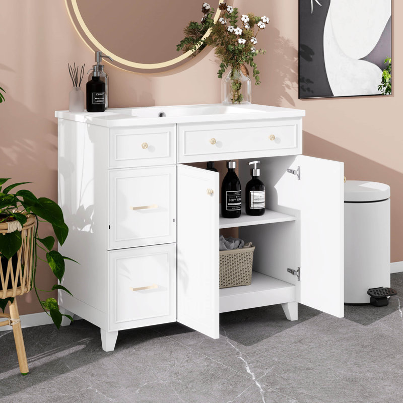 Meuble-lavabo de 36 po avec lavabo en céramique, armoire de rangement pour salle de bain avec tiroirs à double couche et portes à fermeture douce, tablette réglable