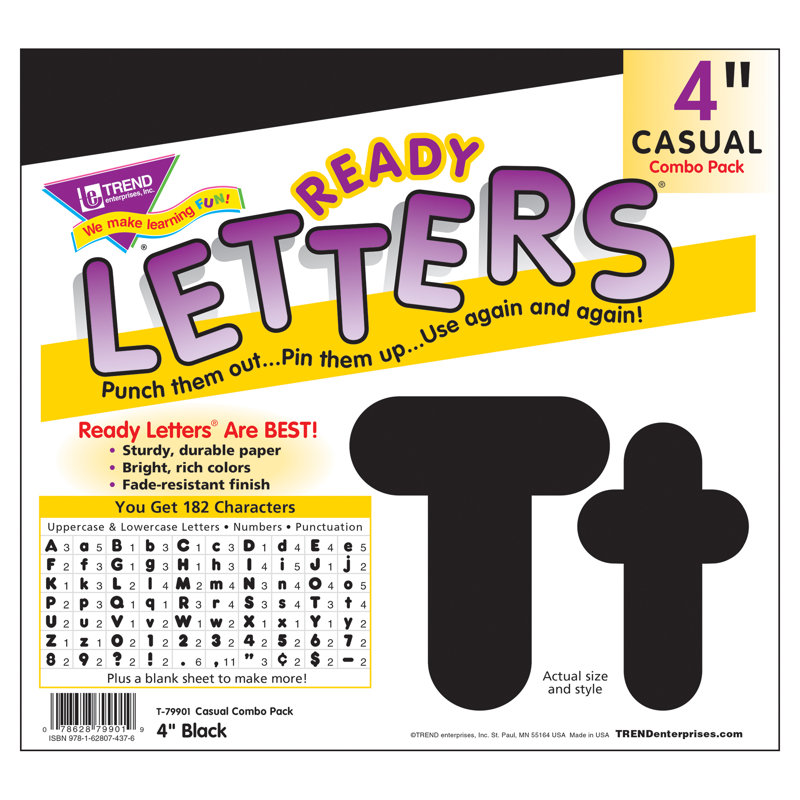 Ensemble de lettres noires décontractées majuscules / minuscules de 4 pouces