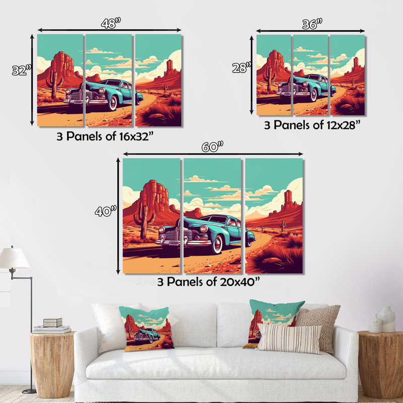 «Old American Car In Nevada III», reproduction sur toile 3 pièces, H 28 po x l 36 po