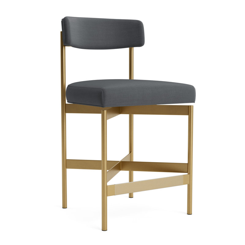 Remy Bar Stool, Performance Linen - Charcoal, Brushed Brass, Counter Stool (25” Seat Height)