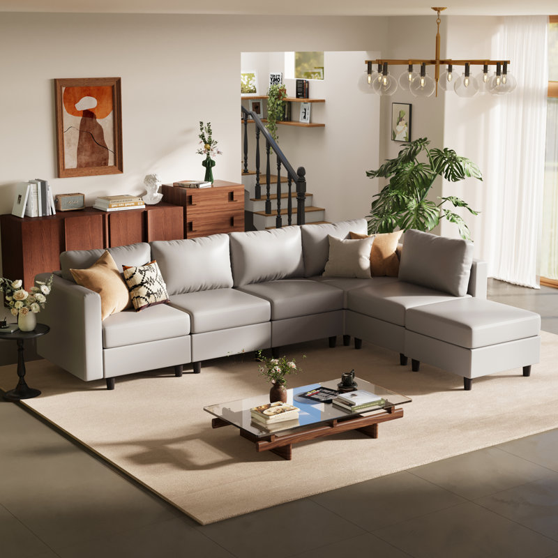 Canapé modulaire réversible en L 6 pièces avec siège de rangement 118,5 po en similicuir gris clair, Similicuir gris pâle