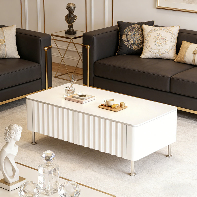 Table basse ondulée Wave, Blanc, Blanc, H 17,32 po x L 47,24 po x l 23,62 po