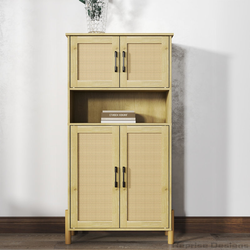 Armoire de rangement Mid-Century moderne à 4 portes avec portes en rotin tissé et tablettes réglables
