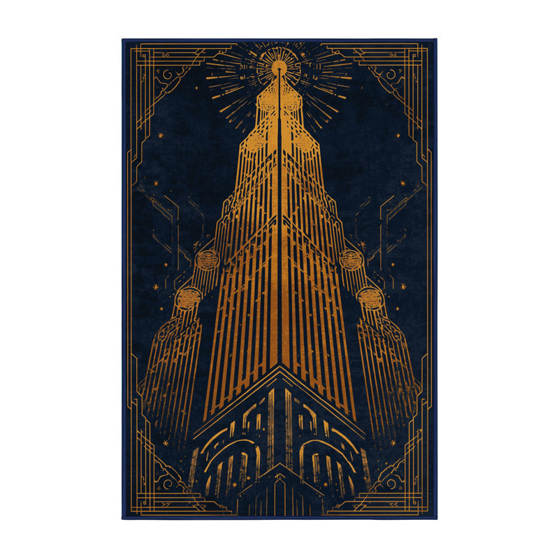 Tapis art déco lavable à la machine Alan Magic Tower - gris - reliure marine, 2 x 4