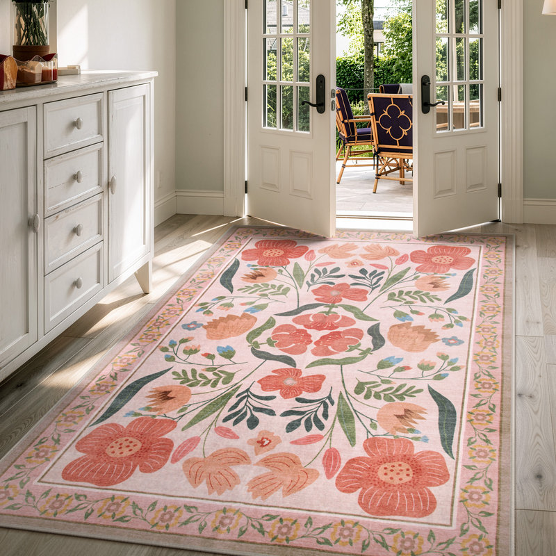 Tapis lavable floral rétro avec envers antidérapant Kaldi, Rectangulaire 8 pi x 10 pi