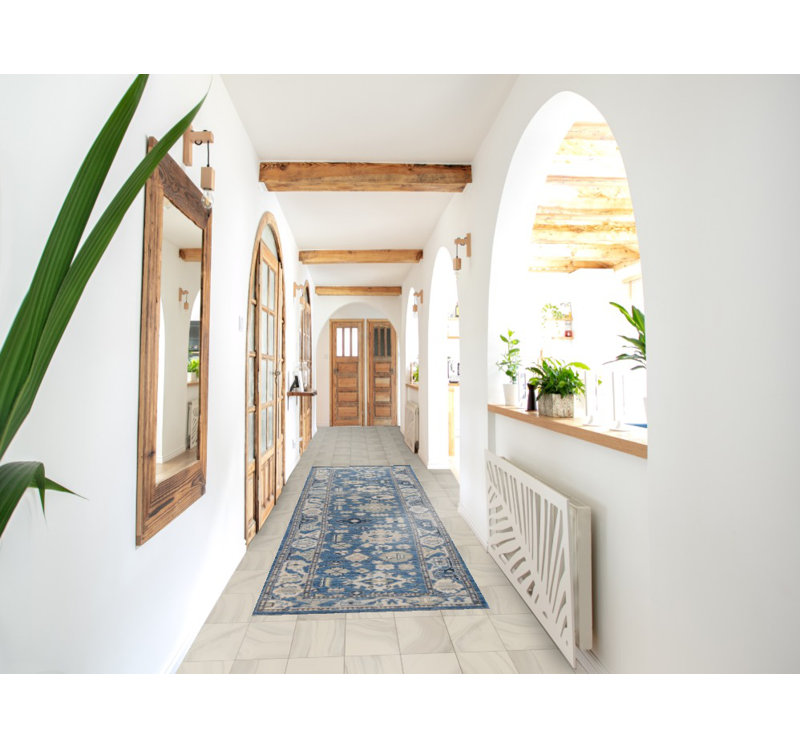 Vegetable Dye Blue Oushak Turkish Runner Rug 3x12