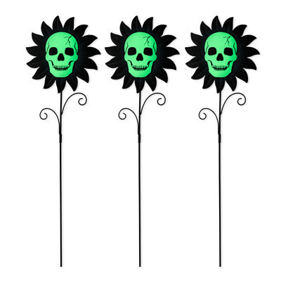 24"H Set Of 3 Halloween Metal Sunflower Skulls Glow-In-Dark Yard Stake