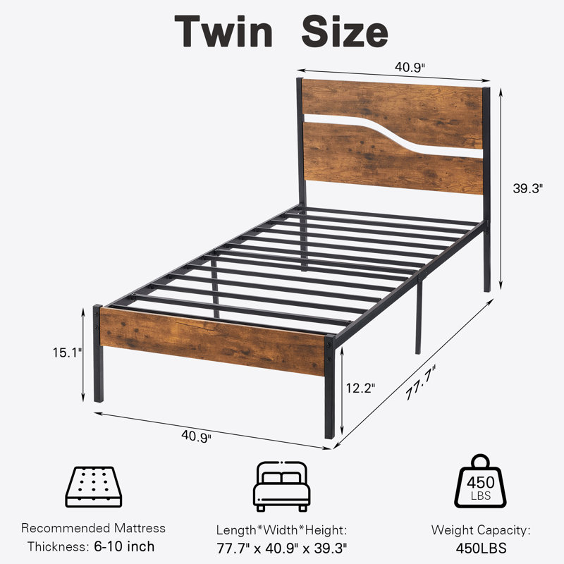 Rumaldo Set of 2 Bed Frame, 2 Pack Twin Size Platform Bed Frame with Wood Headboard, Rustic Farmhouse Industrial Style for Kids, Guest Rooms & Apartments, No Box Spring Needed
