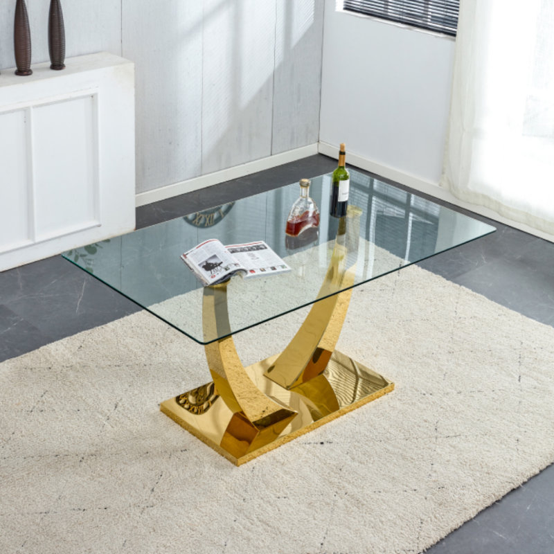 Table de salle à manger rectangulaire moderne 63 "en verre trempé avec base dorée, Doré