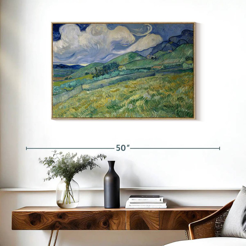 Champ de blé et montagnes 1889, Cadre flottant en bois naturel, 37 po x 25 po