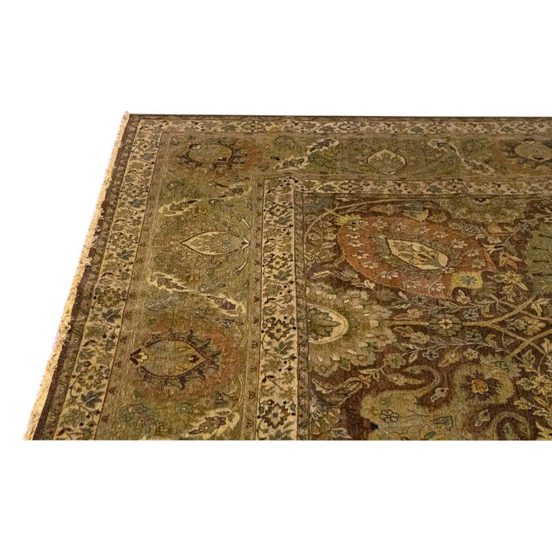 Tapis vert olive / brun / beige en laine noué à la main de conception unique 12 pi 2 po x 18 pi