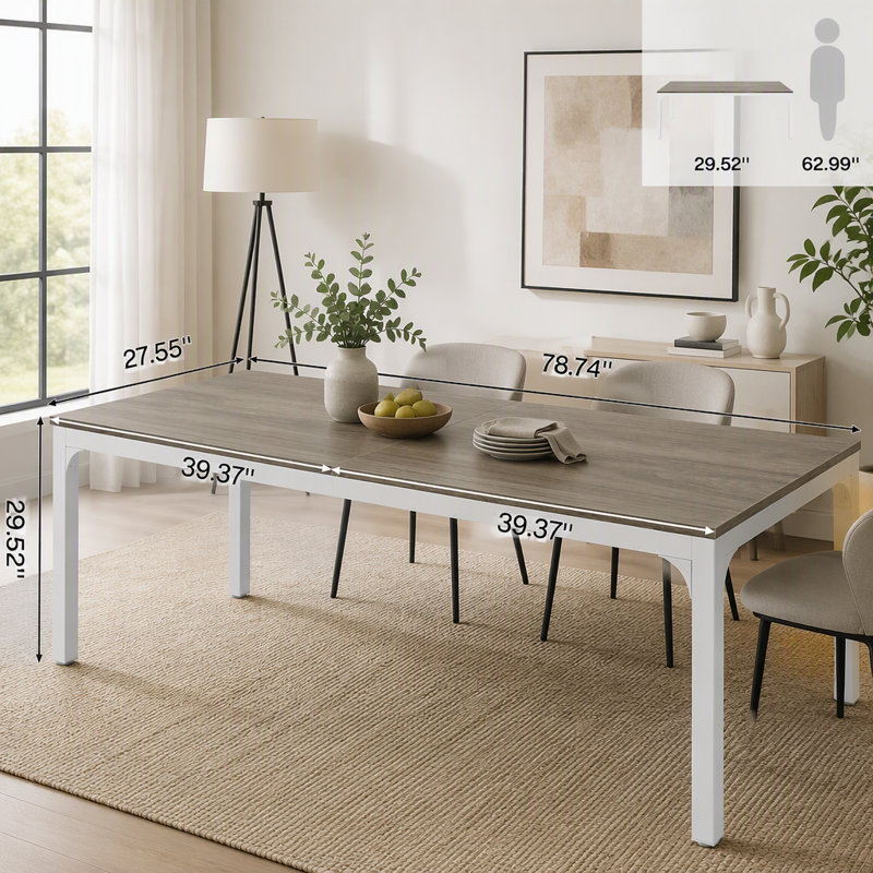 Table de salle à manger moderne 78 "avec pieds en métal pour 6 à 8 personnes, Blanc et chêne