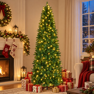 Sapin de Noël artificiel mince de 2,74 m (9 pi) préilluminé avec 450 lumières DEL, éclairage blanc chaud et multicolore, branches articulées et support en métal