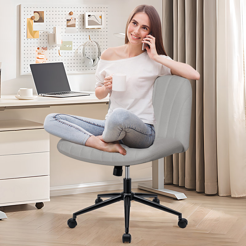 Damar Armless Criss Cross Legged Desk Chair With Tufted Back, Gray, Yes