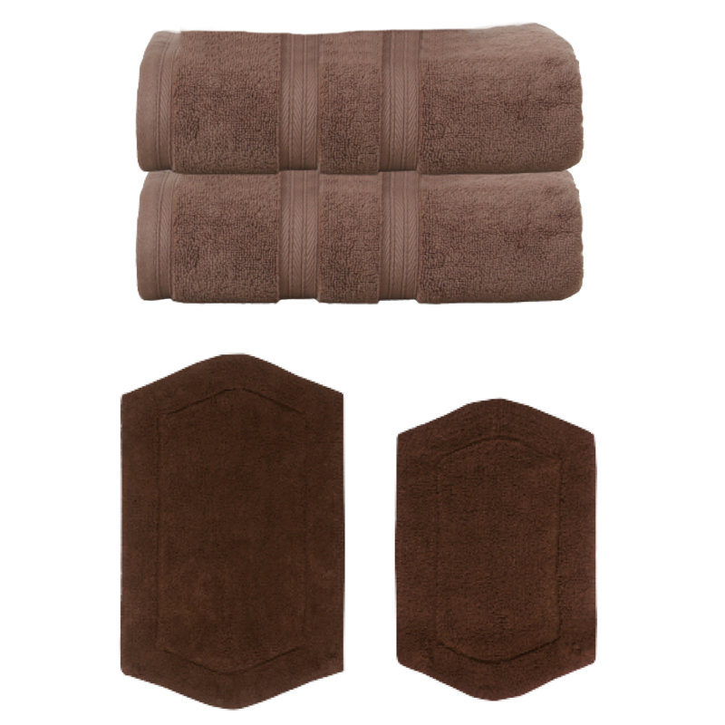 Bryd Collection 100% Soft Cotton 2 Pc Bath Towel Set & 2 Pc Bath Rug Set, (Set of 4), Chocolate