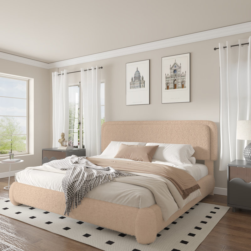 Haden Lambswool Boucle Upholstered Platform Bed Frame with Headboard, Brown, King