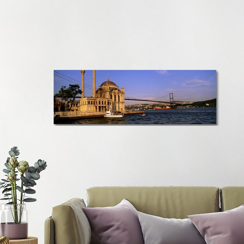 Mosque At The Waterfront Near A Bridge, Ortakoy Mosque, Bosphorus Bridge - Wrapped Canvas Panoramic Print