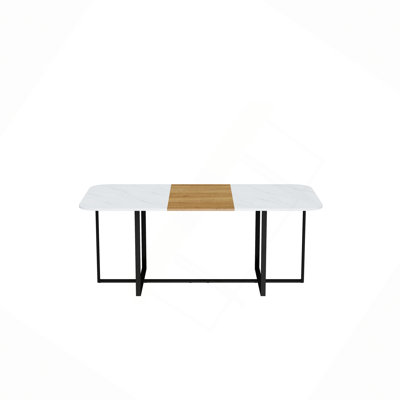 Ensemble de table de salle à manger 9 pièces carrée, plateau de table fixe en faux marbre blanc et grain de bois avec 8 chaises en velours beige, ensemble de table de cuisine moderne pour 8 personnes