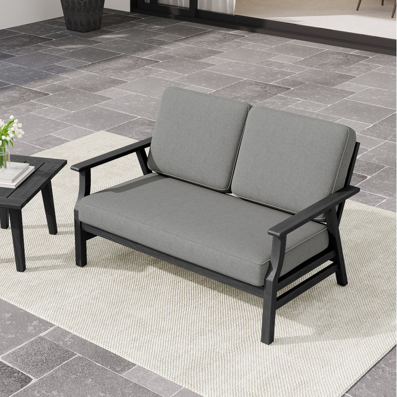 2-Piece Conversation Set,Solid Teak Wood Loveseat And Coffee Table Set With Cushions, Gray, Brown