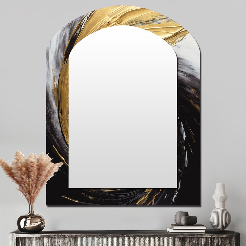 Waves Of Midnight Passion Abstract Black & Gold - Abstract Painting Arch Decorative Mirror, Modern Asymmetrical Wall Mirror, Printed Metal Art