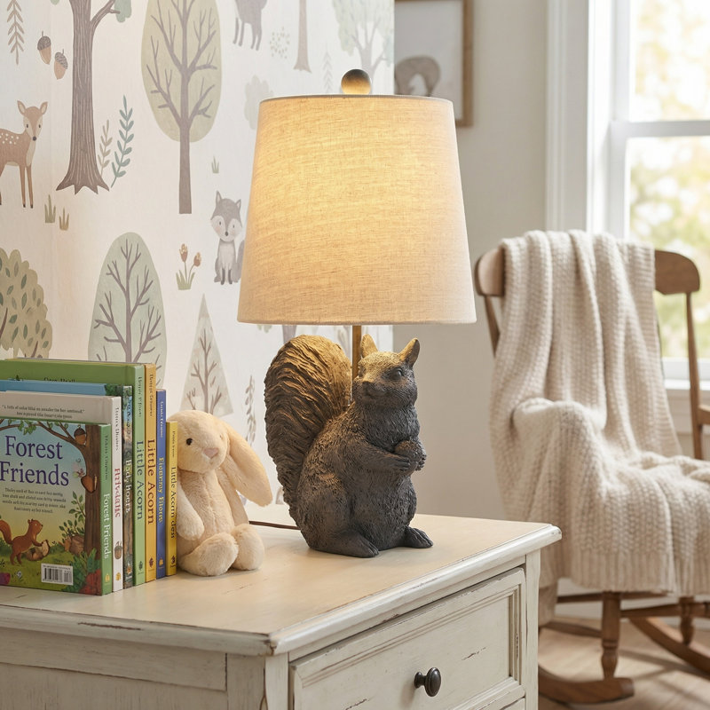 19" Resin Squirrel Table Lamp With Shade, Beige, Black