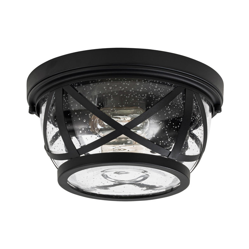 2-light Black Outdoor Indoor Flush Mount Ceiling Light With Seeded Glass