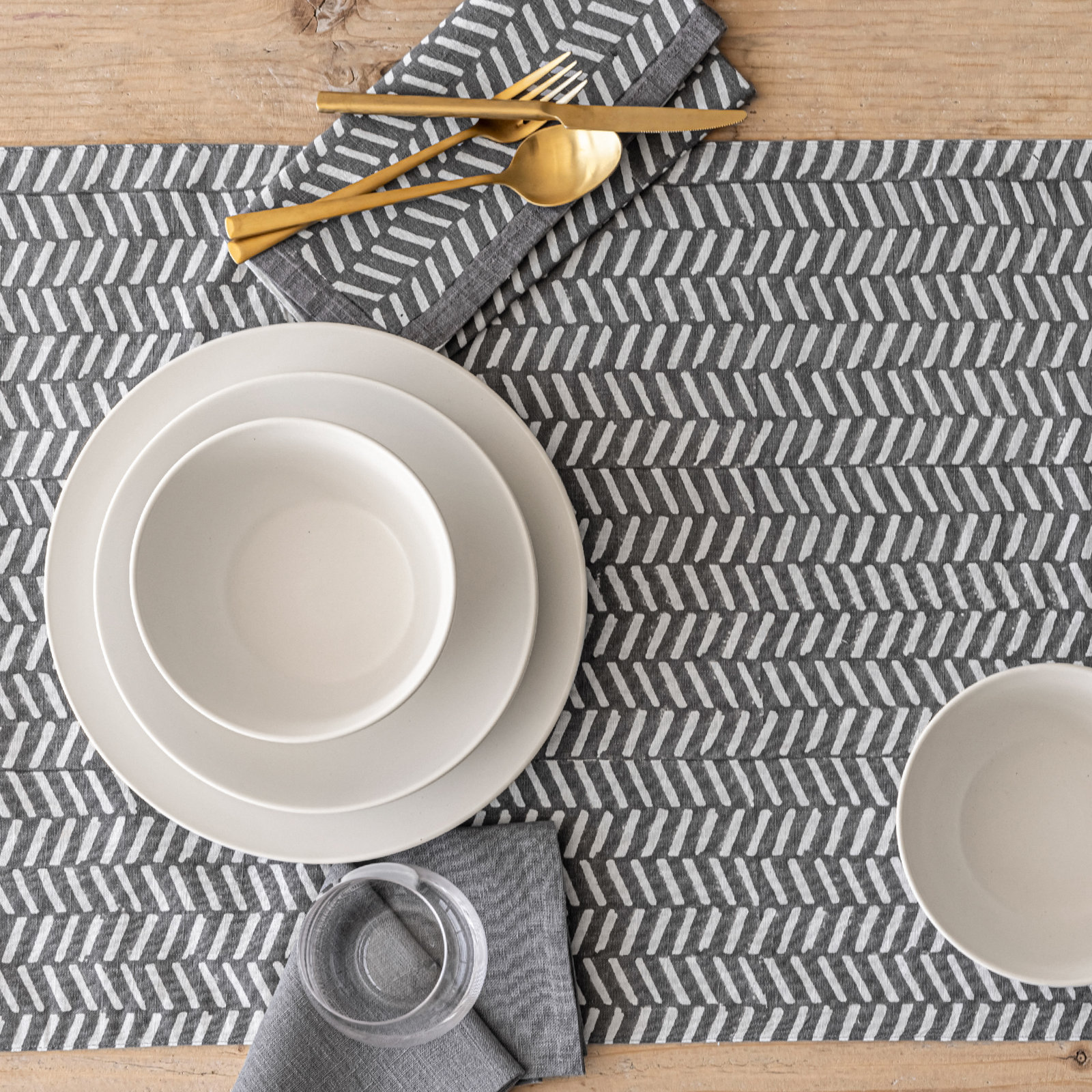 over&back Hand-Blocked Table Runner, 18" W x 90" L, Grey Herringbone