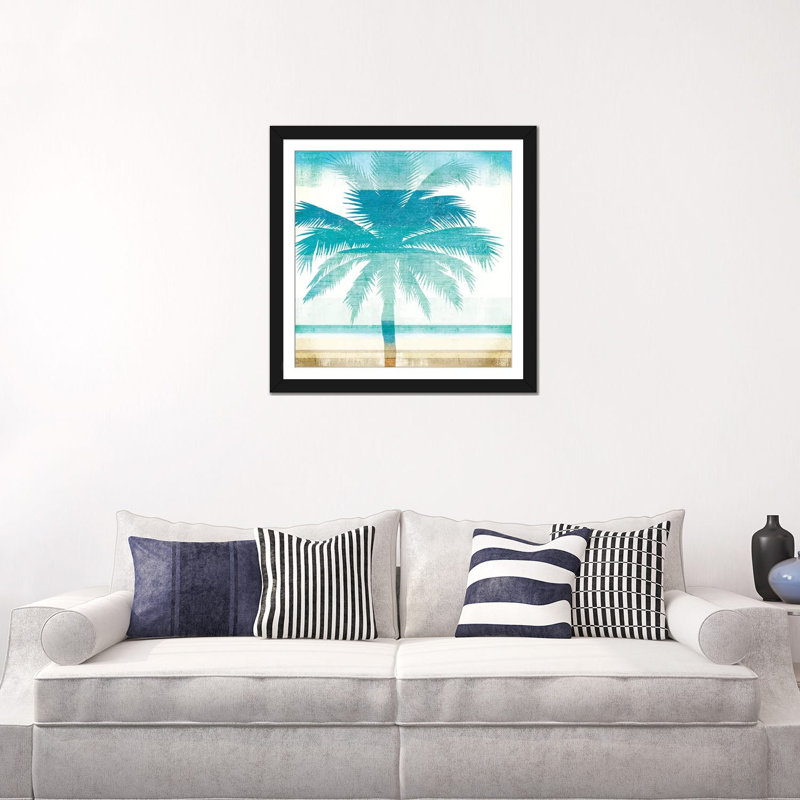 Impression sur toile «Beachscape Palms II», H 16 po x l 16 po x P 1 po, Papier d'art encadré noir, Blanc