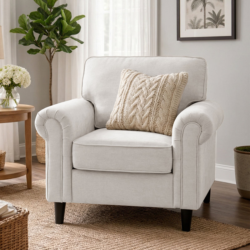 Fauteuil d'appoint rembourré à accoudoirs roulés Luelle, Chenille beige