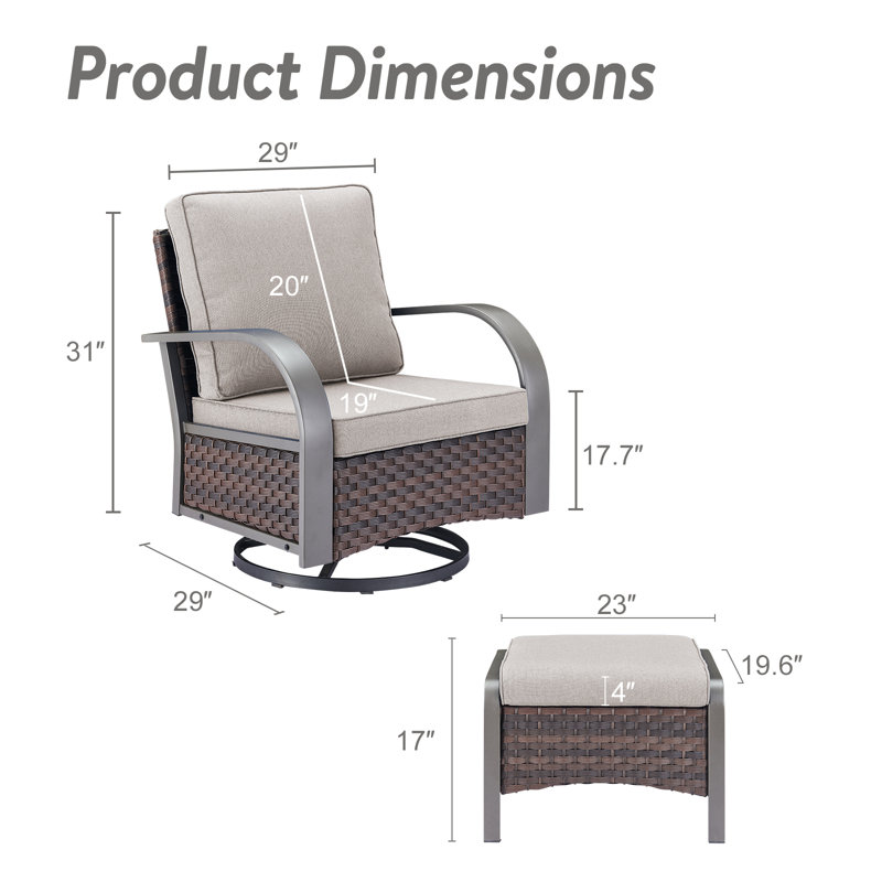 Bobra Outdoor Wicker Rattan Swivel Rocking Patio Chairs With Cushions And Ottomans, Beige