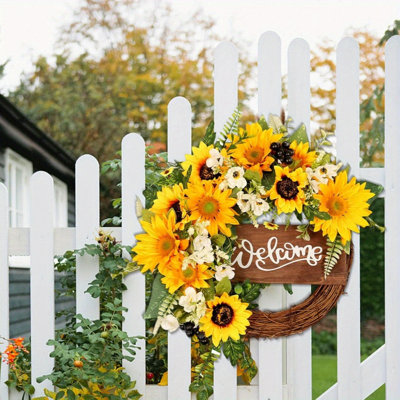 Sunflower Wreath For Front Door Decor Wreath, 15.7In Sunflower Wreath For Front Door With Welcome Sign, Sunflower Daisy Yellow Spring Summer Wreath Fo