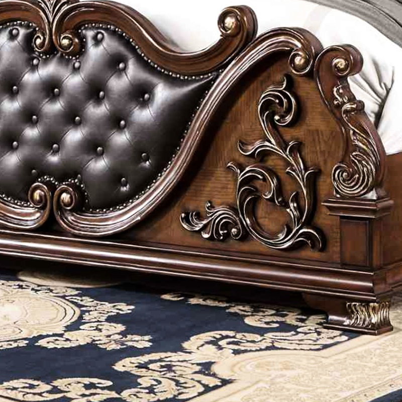 Grand lit traditionnel en cerisier brun avec accents en bois massif et en faux bois de style luxueux en marbre