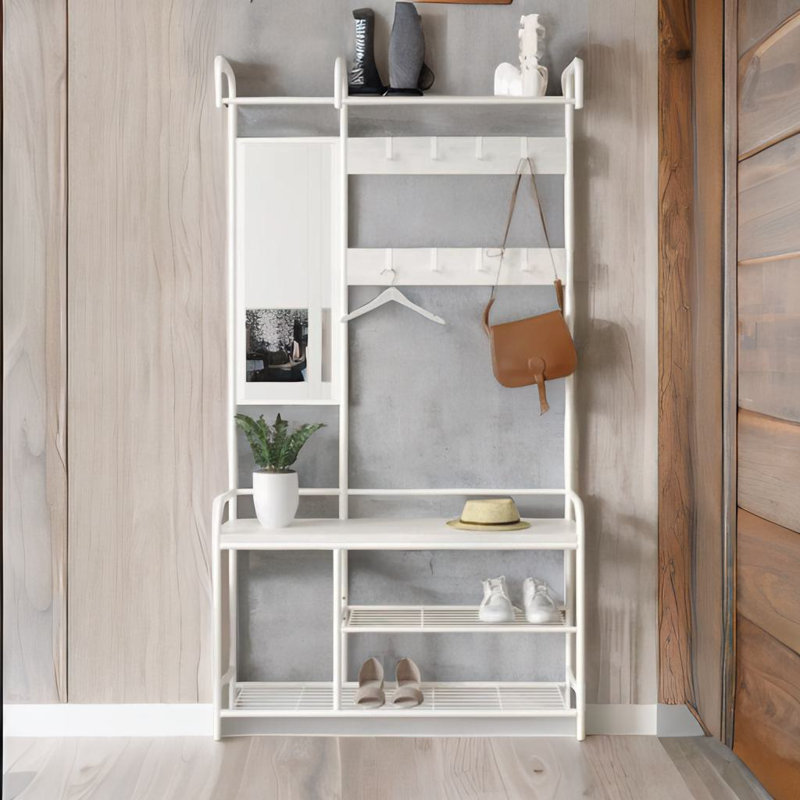 Anjanae Industrial Hall Tree Coat Rack Stand With Shoe Storage Shelves and Rail